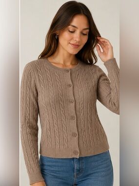 NWOT Primark Women's Soft Taupe Cable-Knit Button Cardigan